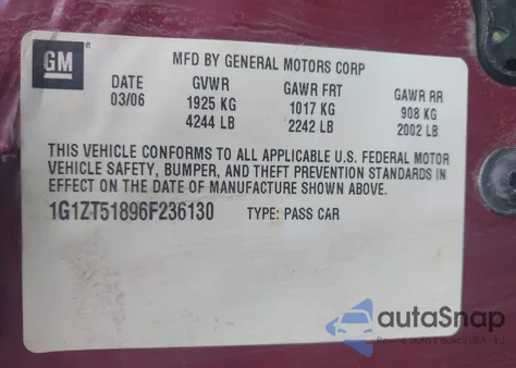 2006 Chevrolet Malibu Lt из США, поврежденный, VIN 1G1ZT51896F236130